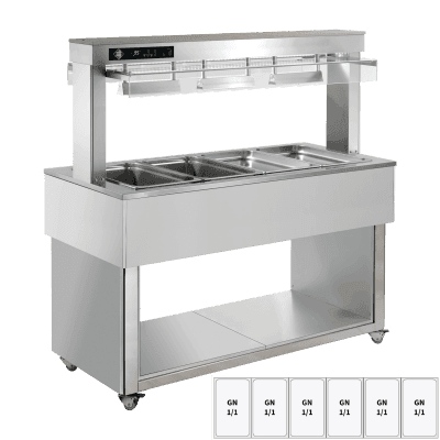 Insulă încălzită pentru expunere alimente, tavă bain marie GN 6-1/1 RAL - TR RED+ 6R