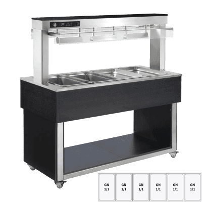 Insulă de prezentare alimente încălzită, tavă bain marie GN 6-1/1 - 200 mm, Inox - TR RED+ 6I