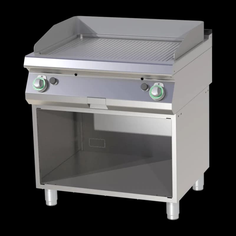 Plită fry-top canelată cromată pe dulap deschis