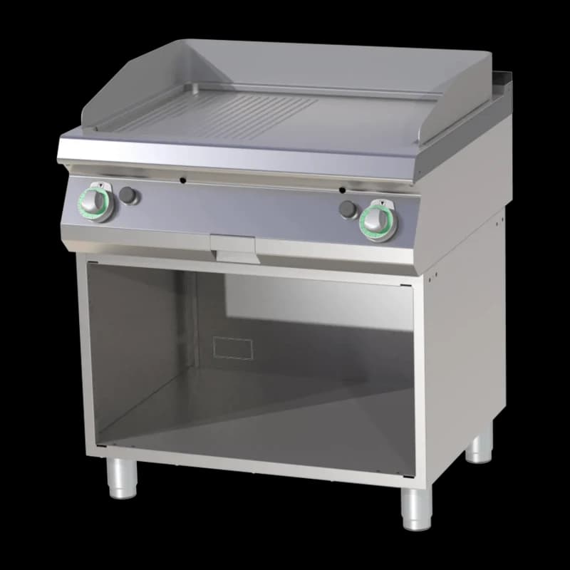 Plită fry-top combinată cromată pe dulap deschis