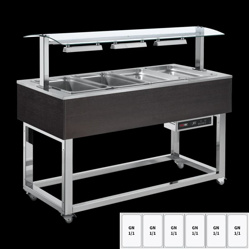 Vitrină insulă încălzită, bain-marie GN 6-1/1 Wenge